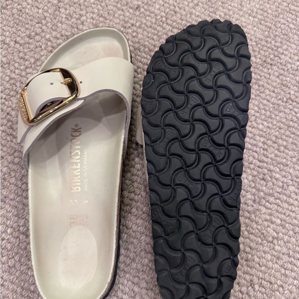 Birkenstock Madrid Single Strap Sandals with Gold Buckle in Cream - Picture 5 of 5